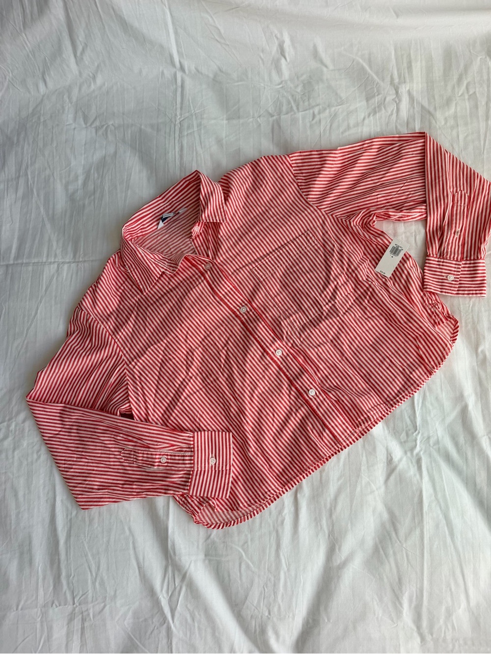 Old Navy Red and White Cropped Striped Button-Down Shirt